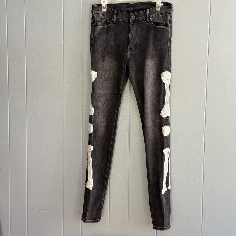 MNML Mens Skeleton Bone Embroidered Skinny Jeans Black Size 33 Distressed Denim